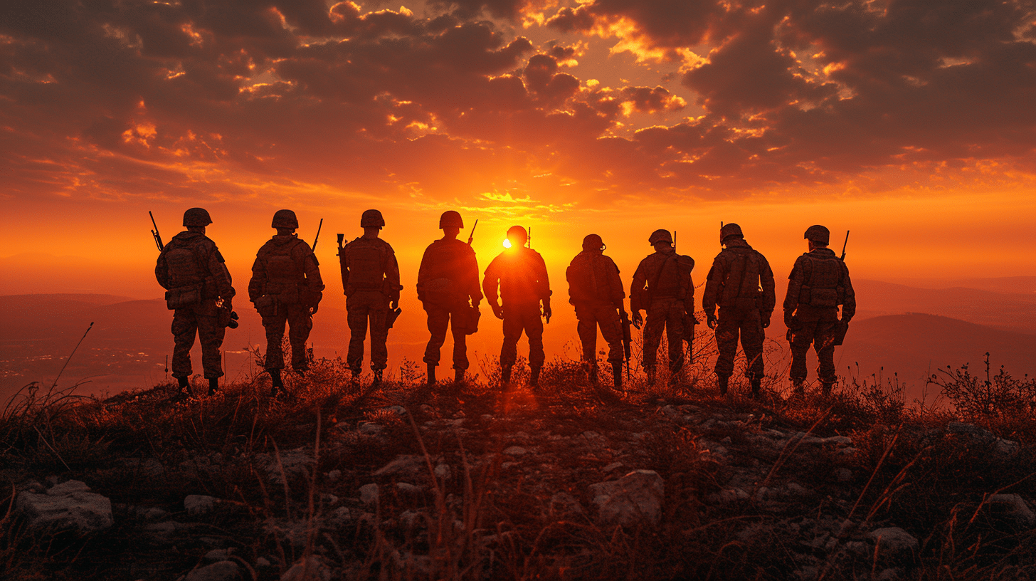 a group of people in military uniforms standing in front of a fire