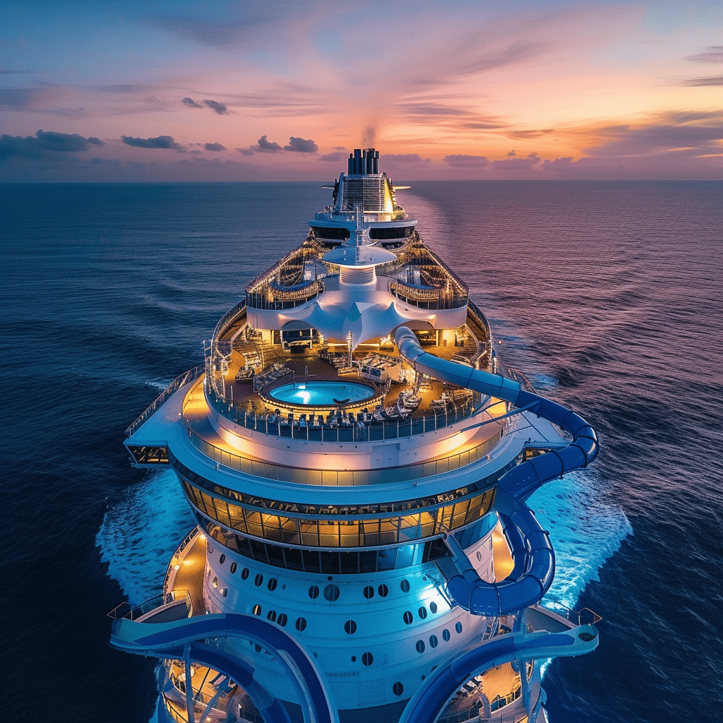 a large cruise ship at sunset