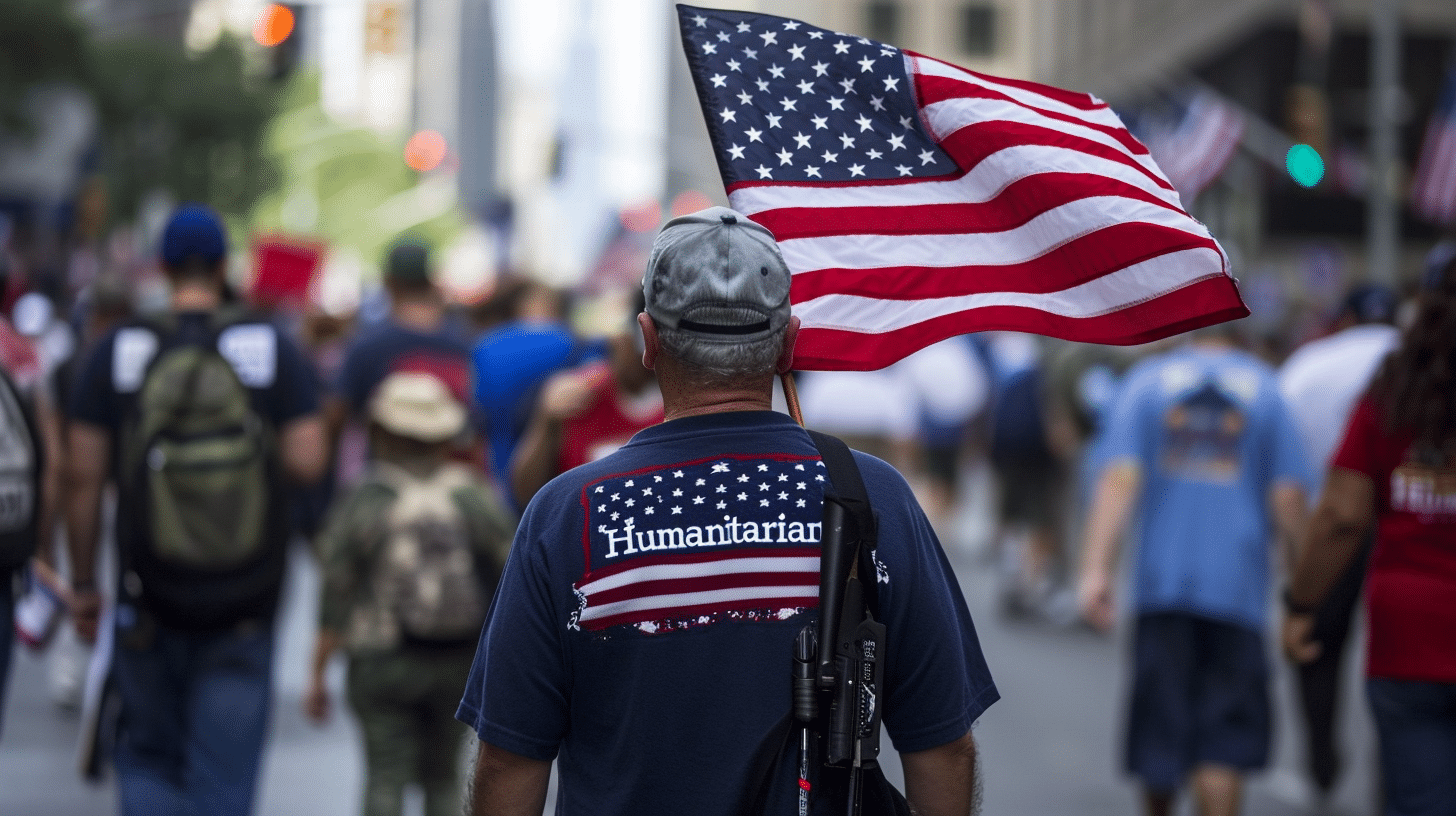 a person wearing a backpack and a flag