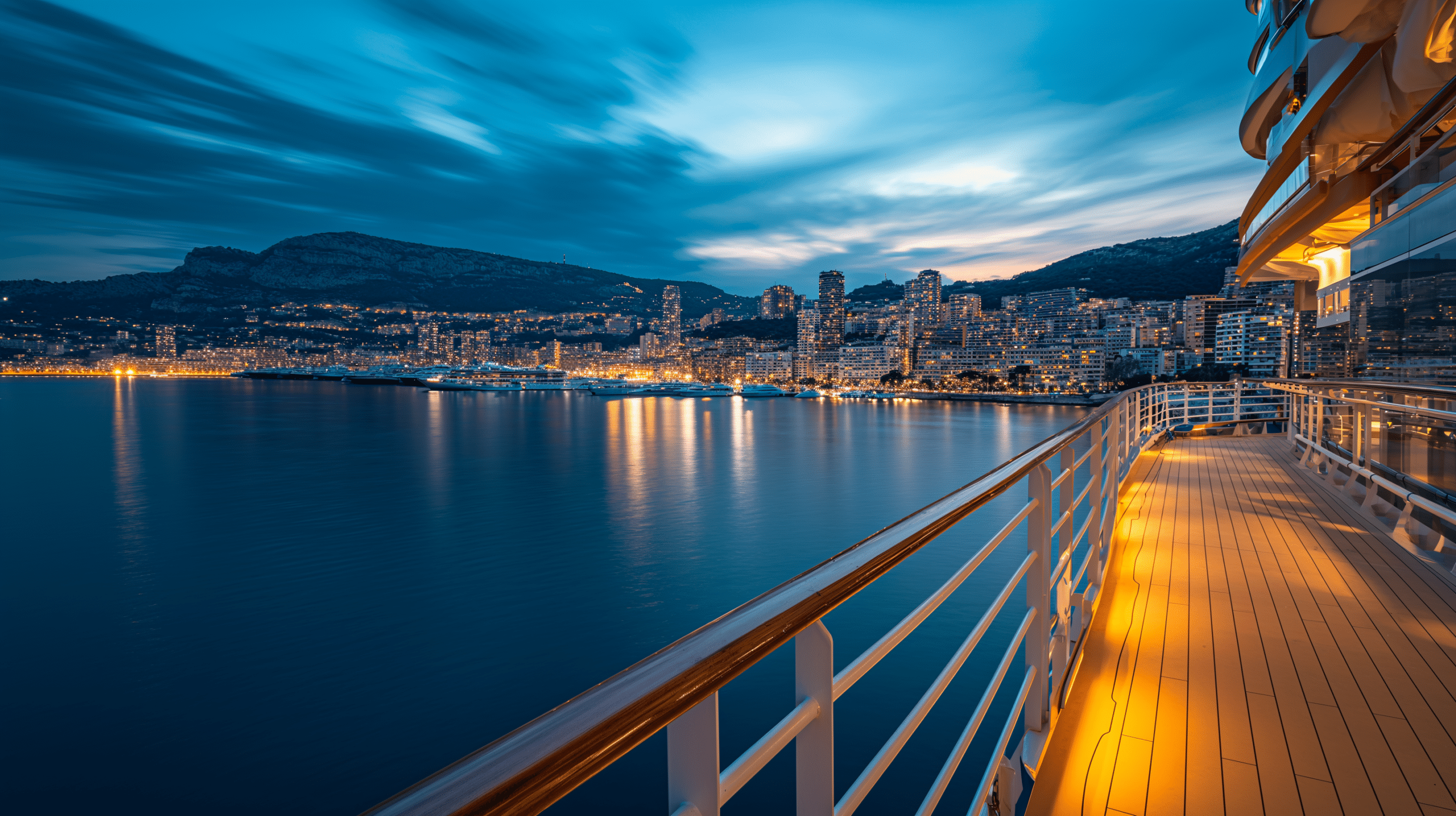 intimate balcony suite on a cruise ship near monacos coast at night