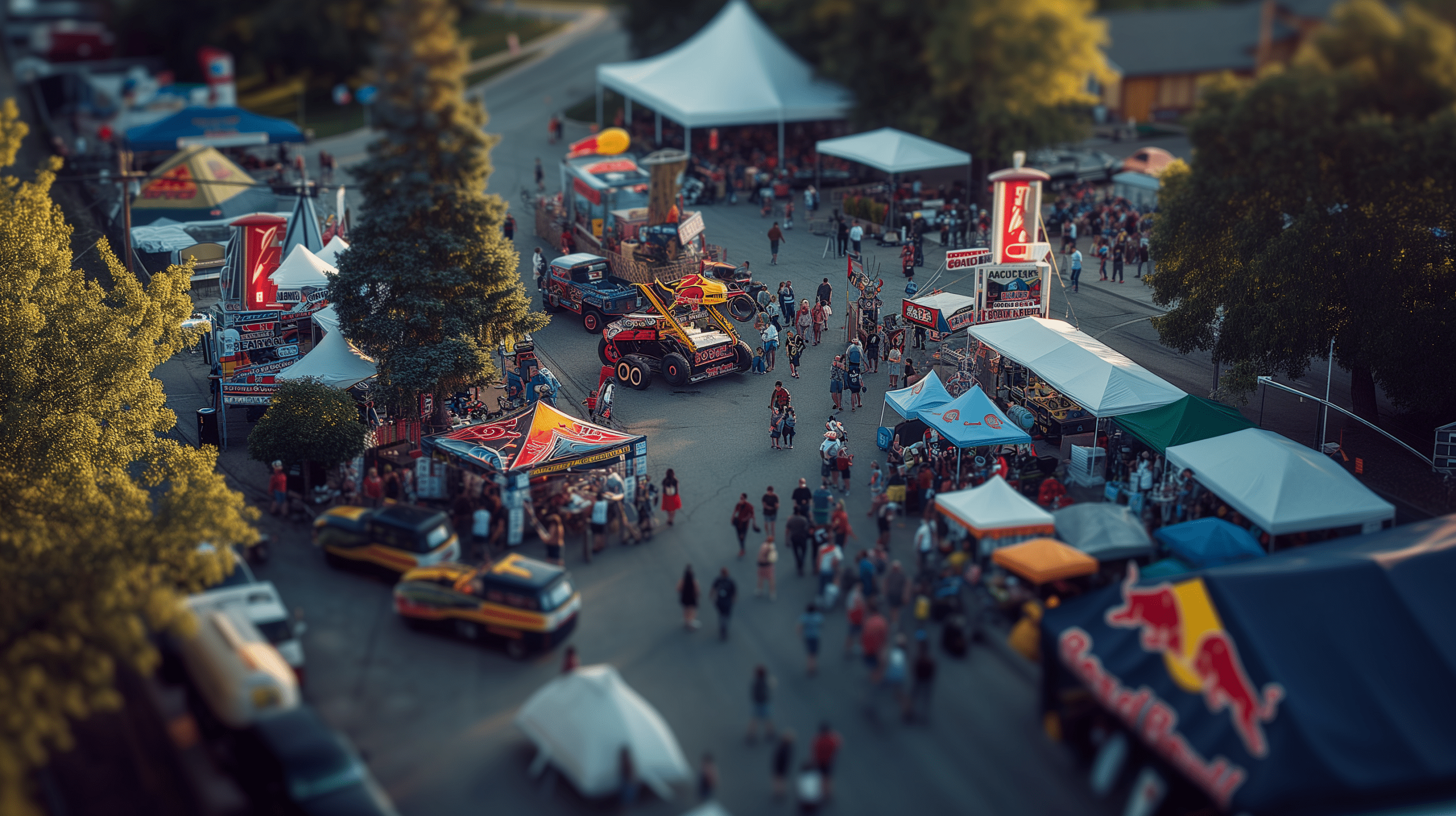 local street event with various tent vendors and people walking around